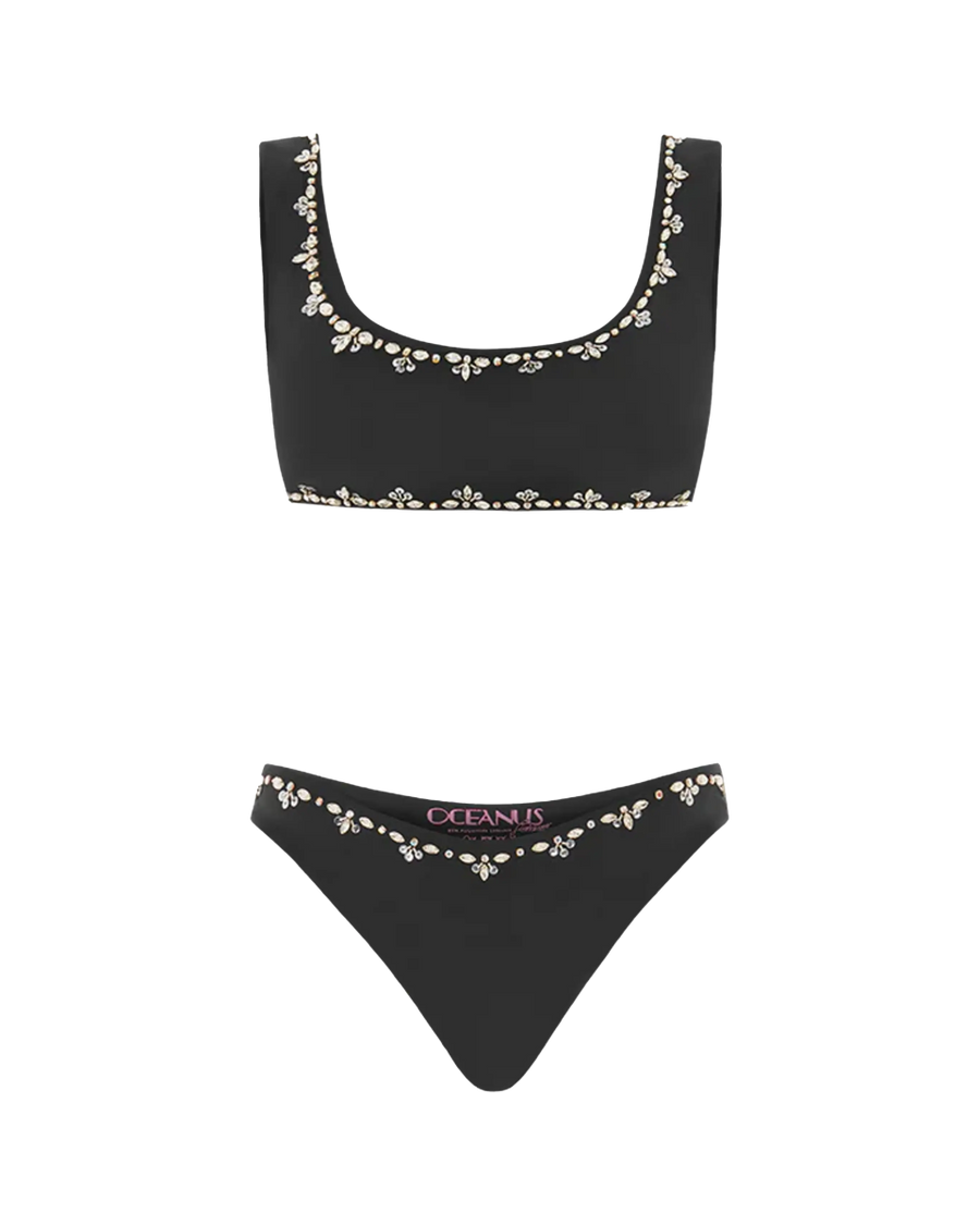 Aaliyah Hand Beaded Crystals Black Bikini Top - Oceanus Swimwear