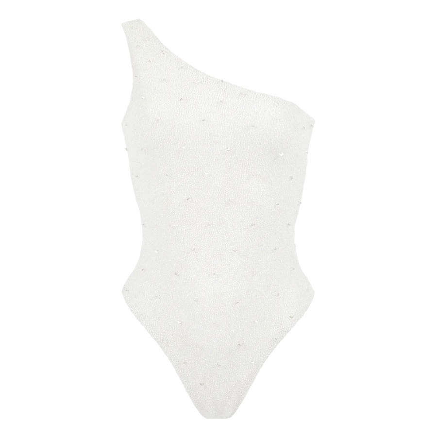 Ariel One Shoulder White Beaded Swimsuit - Pack Shot | Oceanus Swimwear