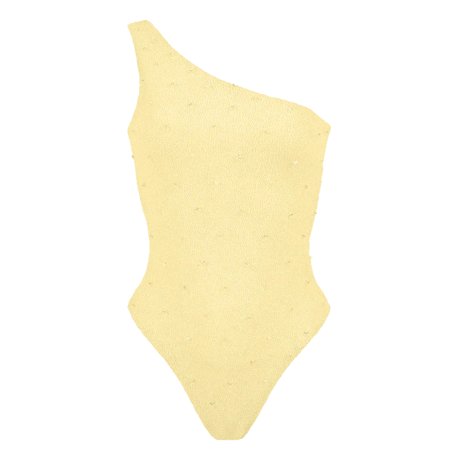 Ariel One Shoulder Yellow Beaded Swimsuit - Pack Shot | Oceanus Swimwear