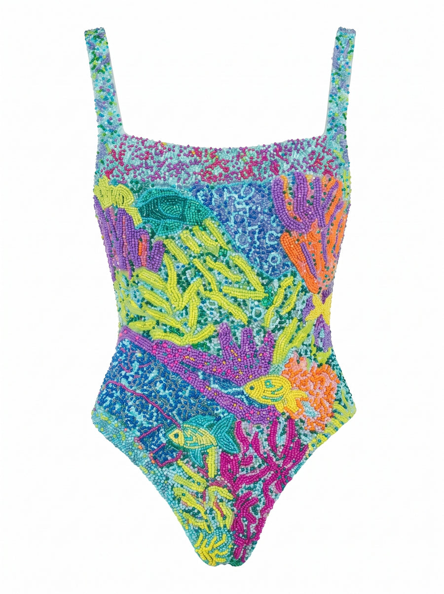 Deep Coral Pink Swimsuit Blue