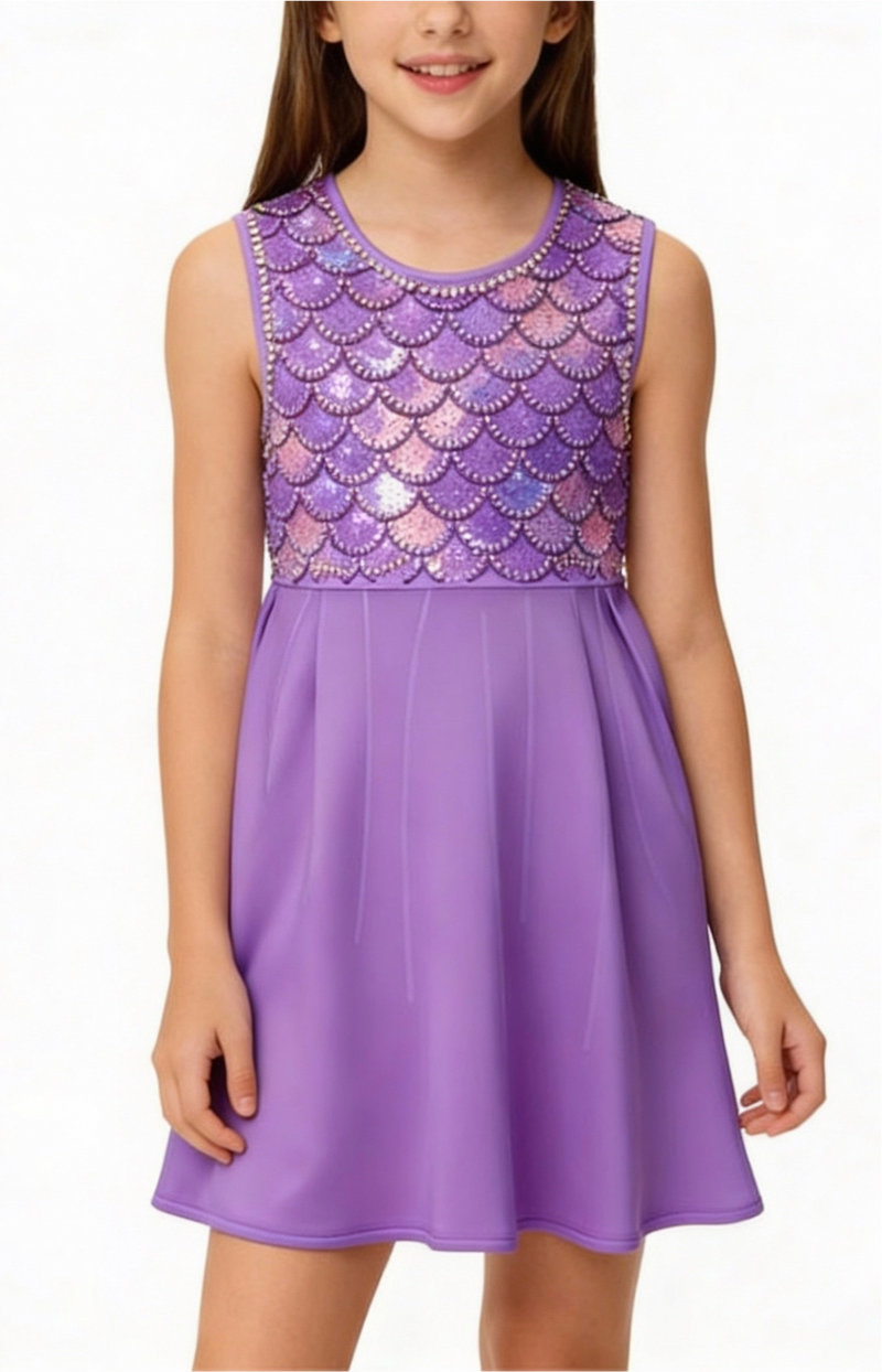Purple dress with mermaid scale pattern on a white background