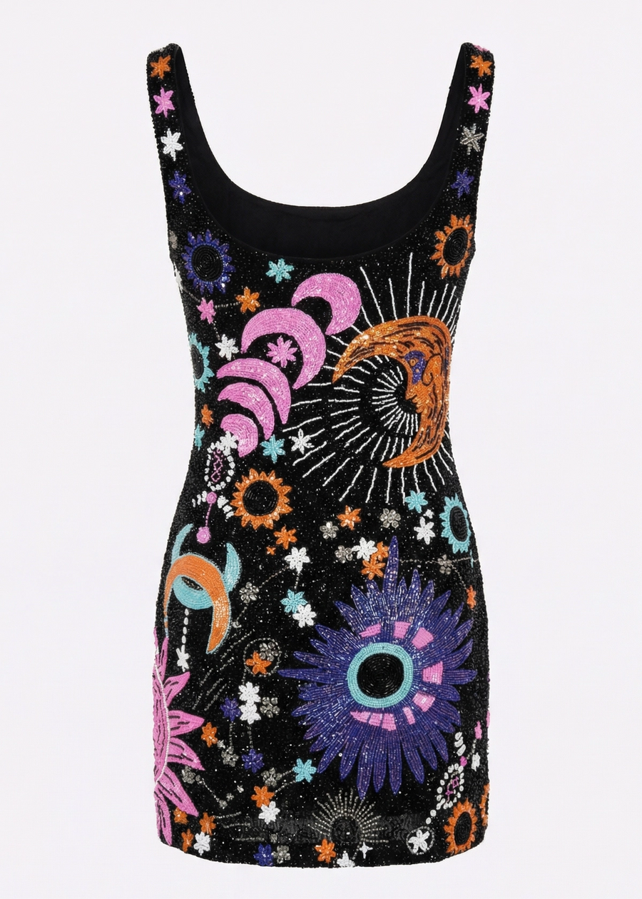 Black tank dress with colorful celestial pattern on a white background