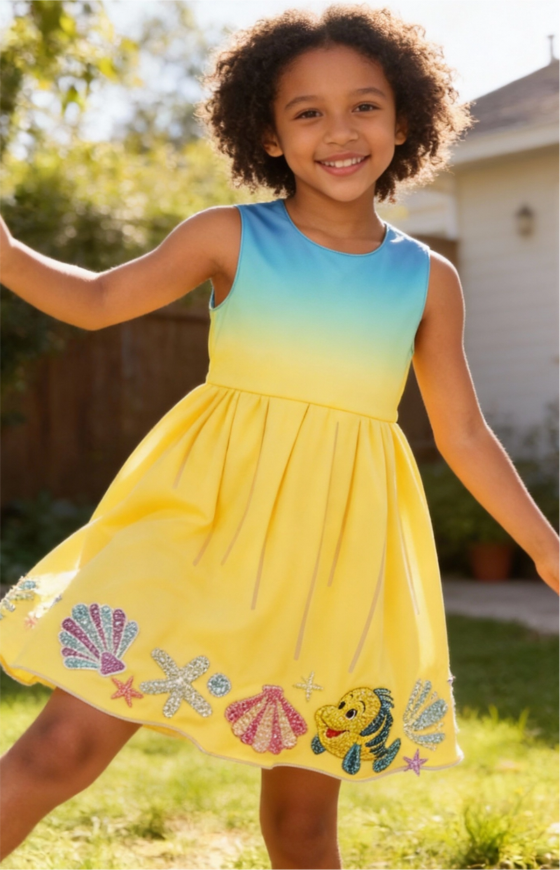 Child wearing a colorful dress with shell designs outdoors