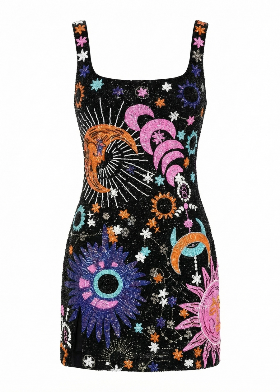 Black dress with colorful abstract patterns on a white background