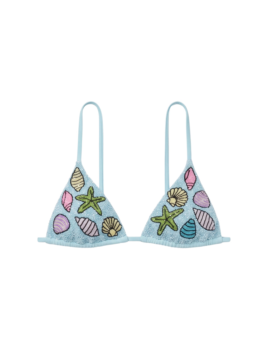 Moire Shell Blue Hand-Beaded Bikini Top