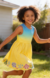 Child wearing a colorful dress with floral designs, standing outdoors.