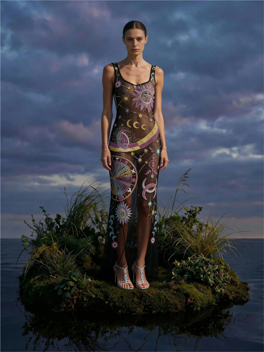 Starlit Cosmos Sheer Maxi Dress