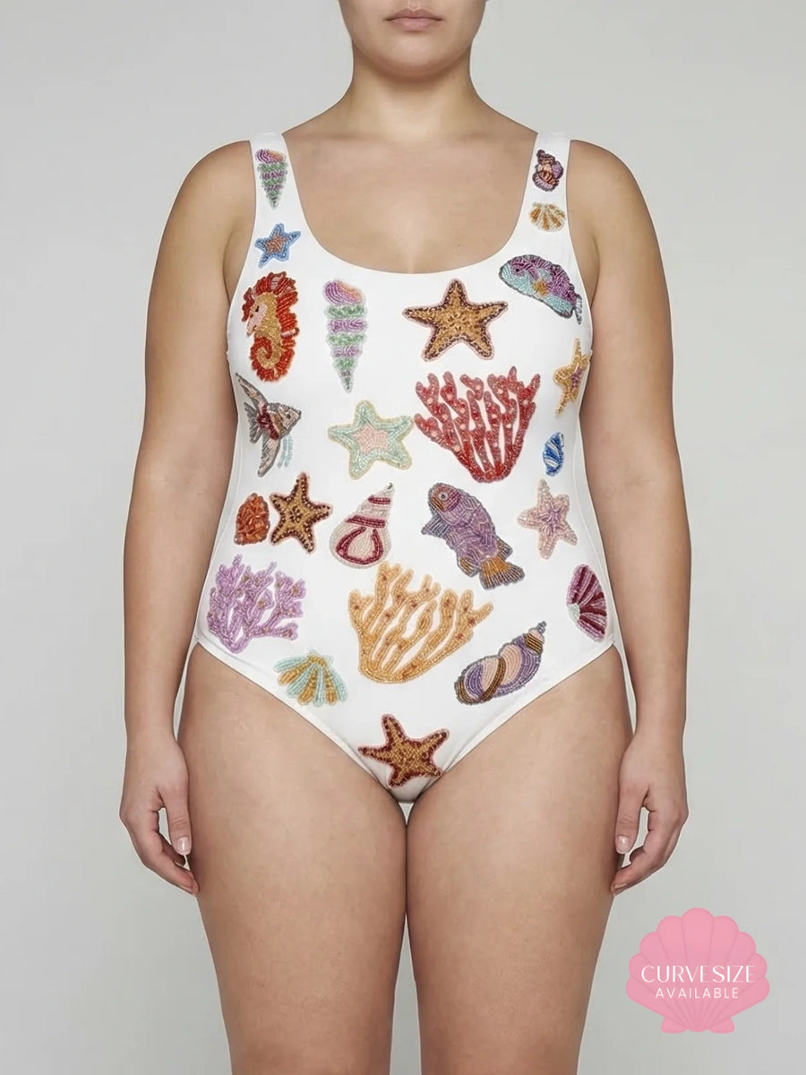 Coral White Beaded Swimsuit