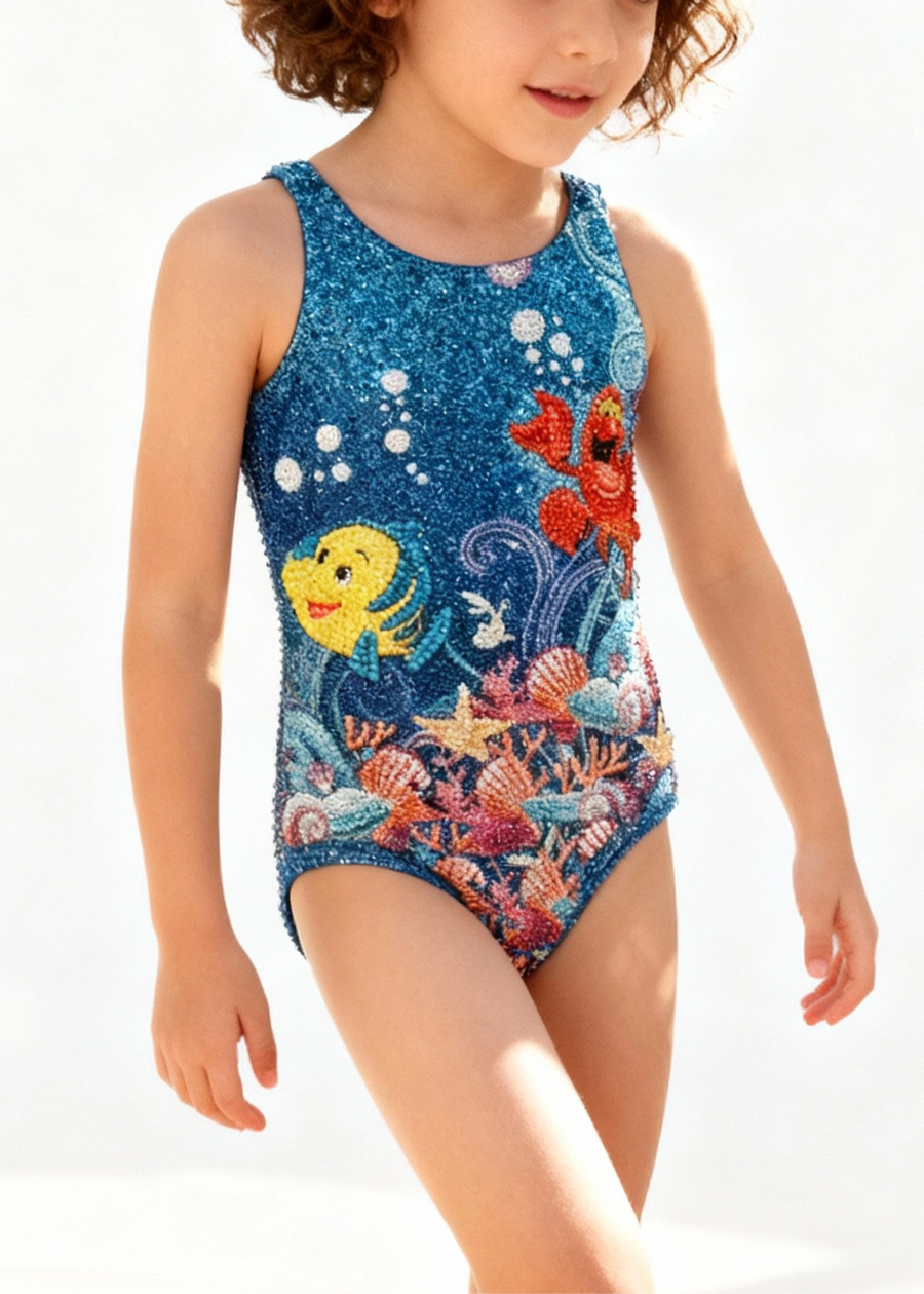 Child wearing a colorful sequined swimsuit with sea-themed design on a white background