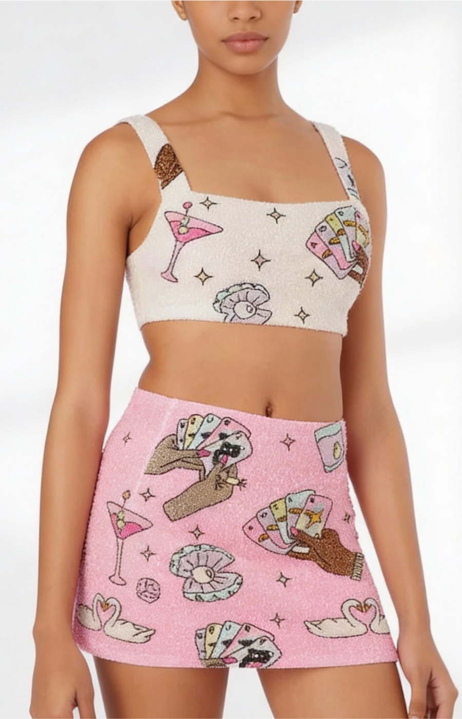 Vegas Beaded Pink Party Beach Co-ord Mini Skirt