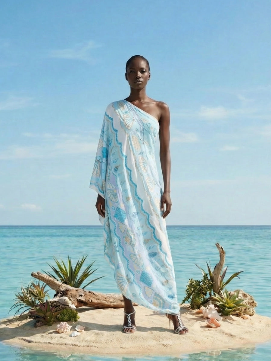 Oceanus x Zandra Rhodes Dreamy Kaftan Dress in Blue