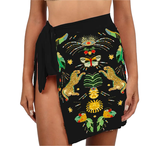 Aurelia Embroidered Luxury Black Mini Skirt - Front View | Oceanus Swimwear