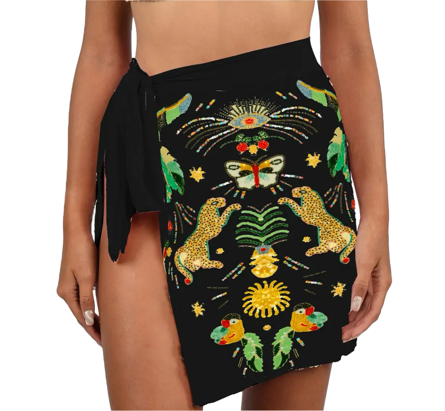 Aurelia Embroidered Luxury Black Mini Skirt - Front View | Oceanus Swimwear