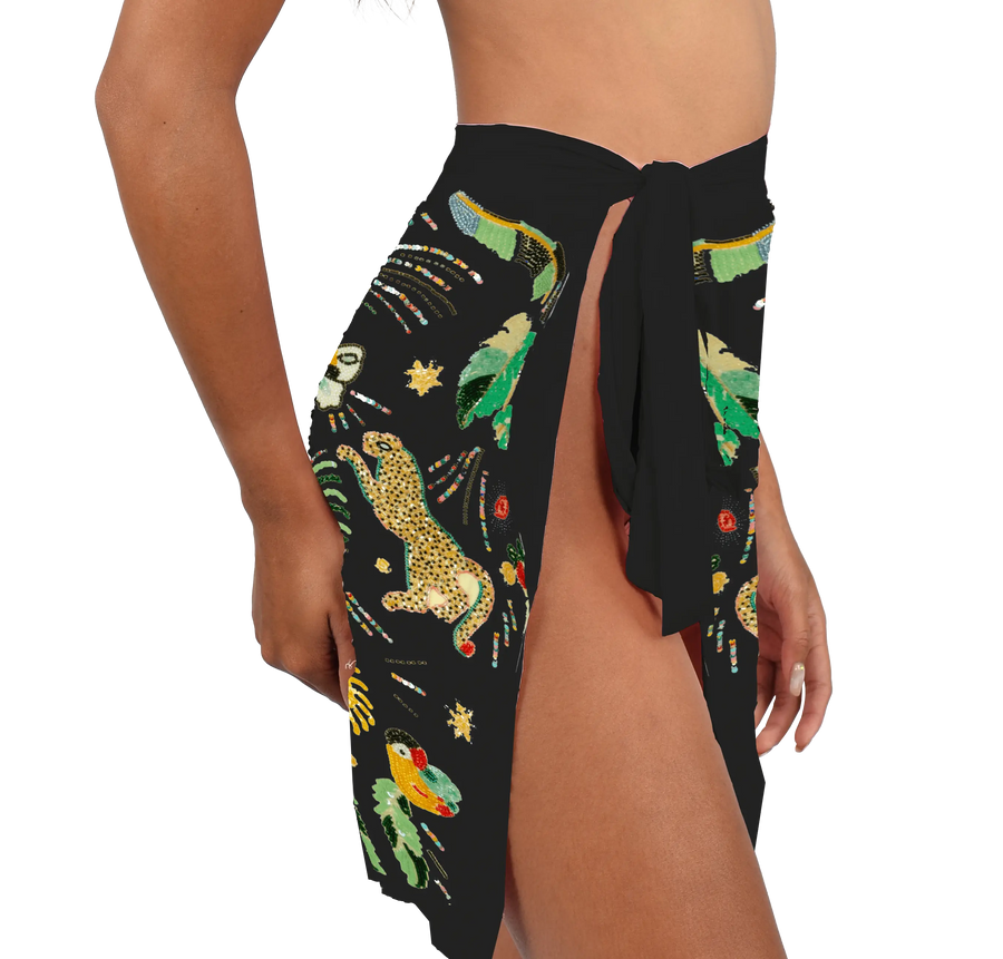 Aurelia Embroidered Luxury Black Mini Skirt - Side View | Oceanus Swimwear