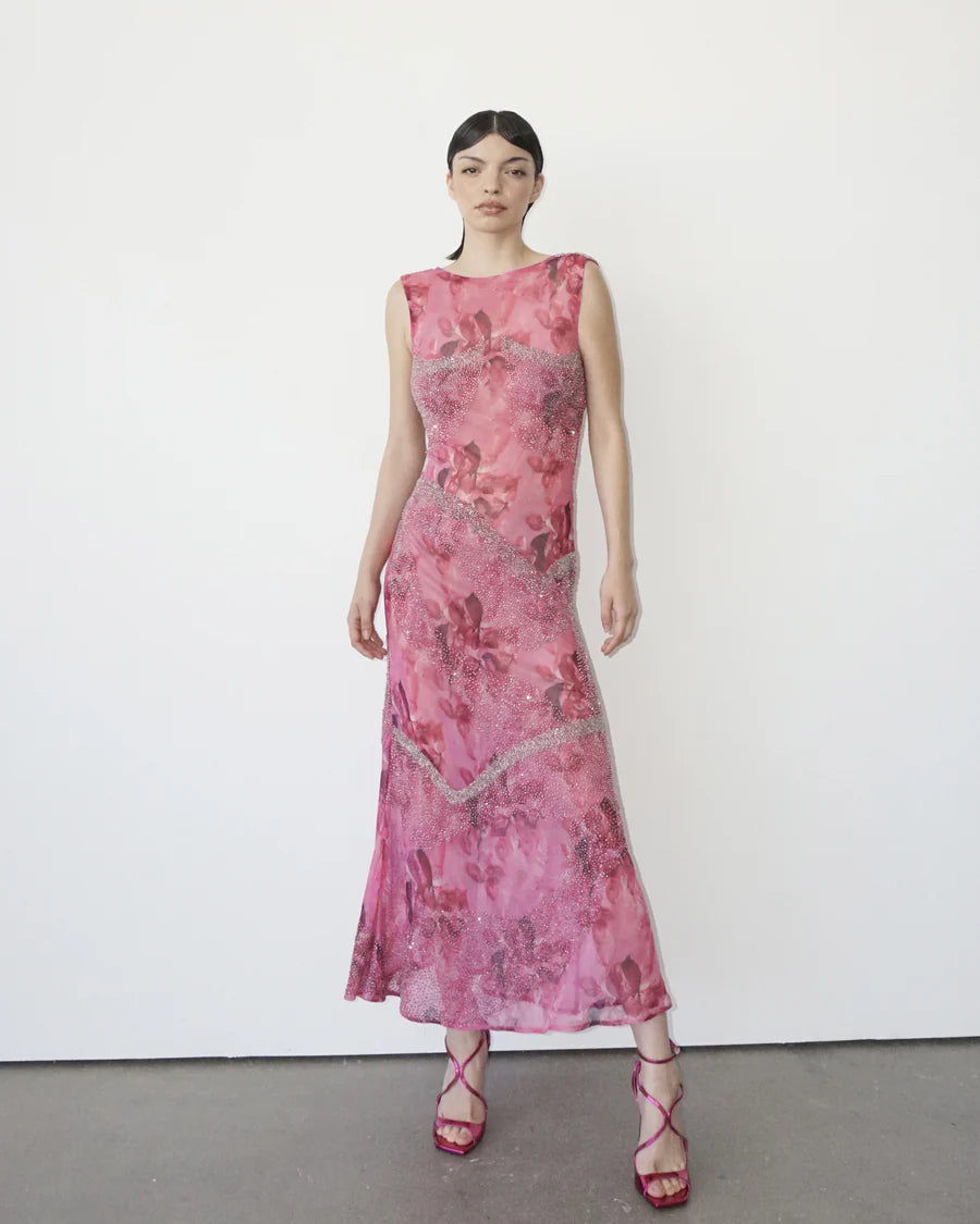 Bea Beaded Printed Chiffon Pink Dress by Oceanus