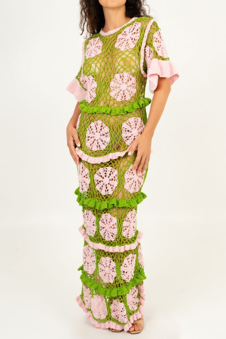 Elle Crochet Dress Green/Pink
