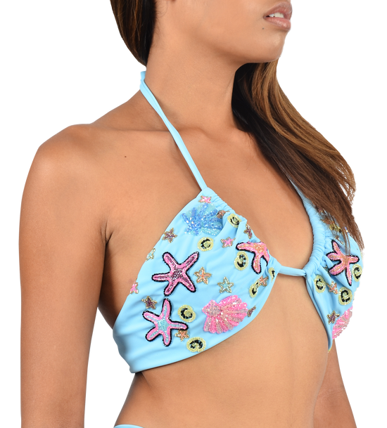 Fia Tropical Hand Embroidered Bikini Top Blue