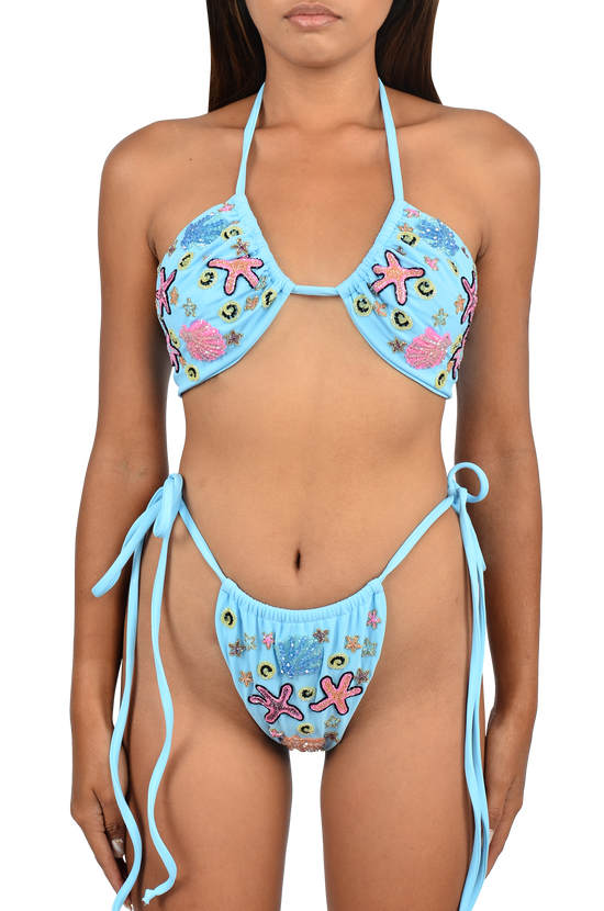 Fia Tropical Hand Embroidered Bikini Blue