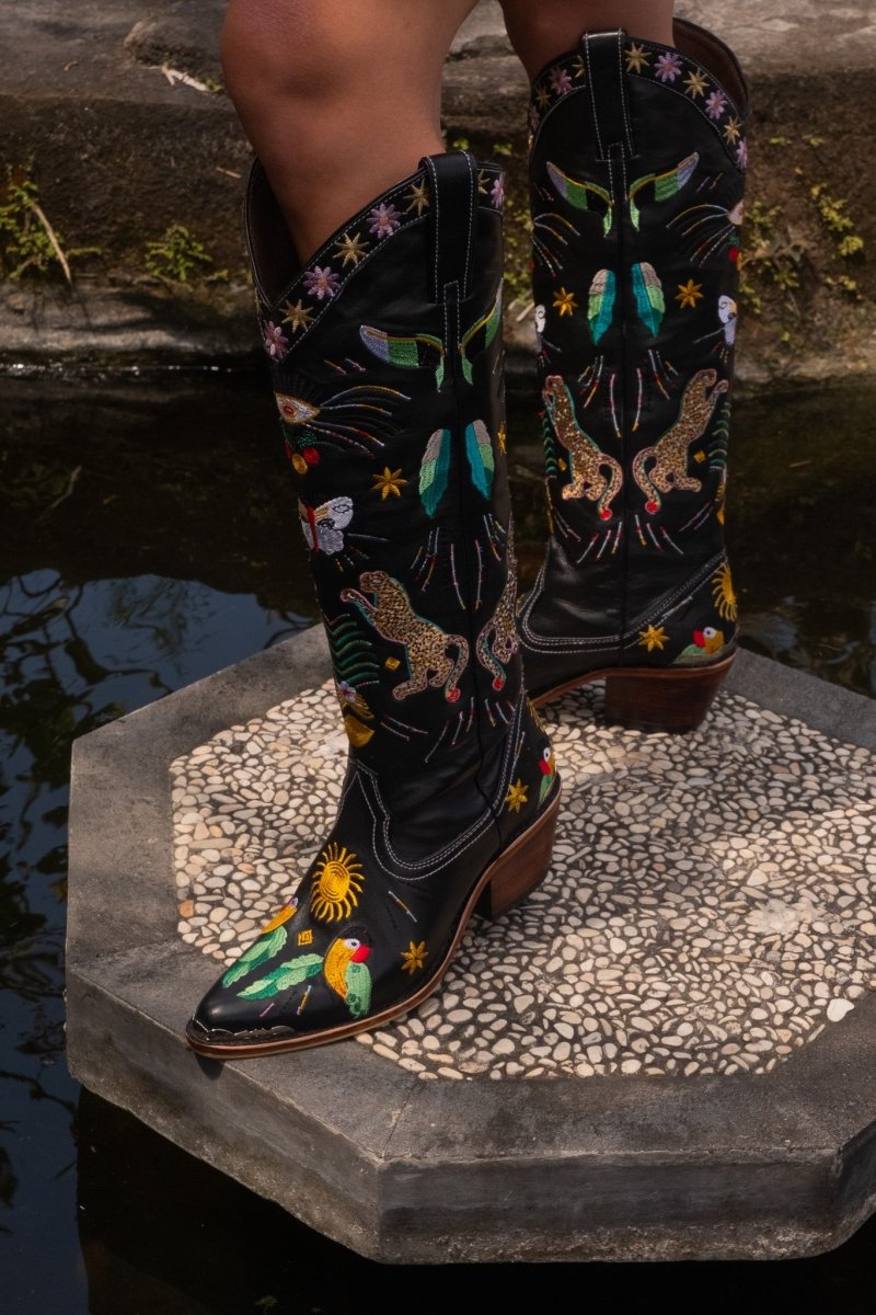 Willow Embroidered Black Leather Boots