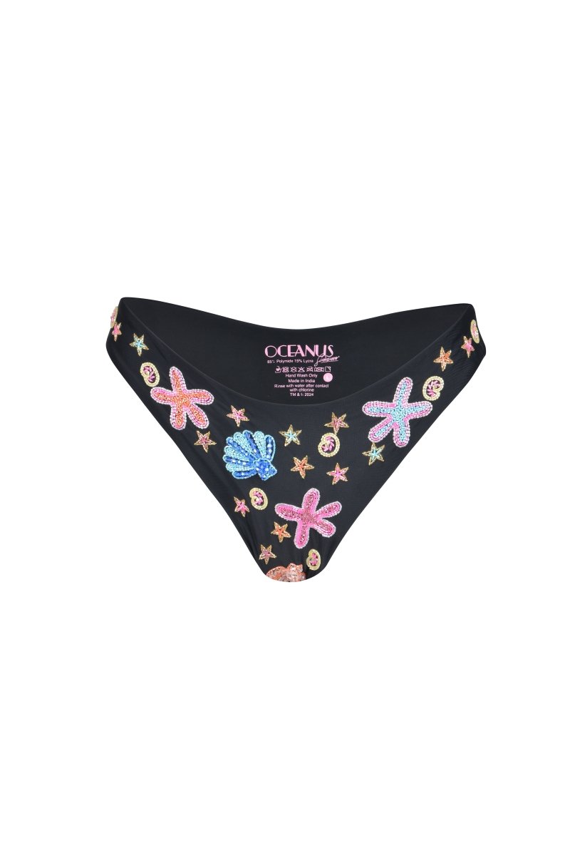 Marissa Hand Embroidered Luxe Bikini Bottom- Black
