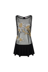 Ines Frilled Floral Powermesh/Viscose Black Mini Dress - Oceanus Swimwear