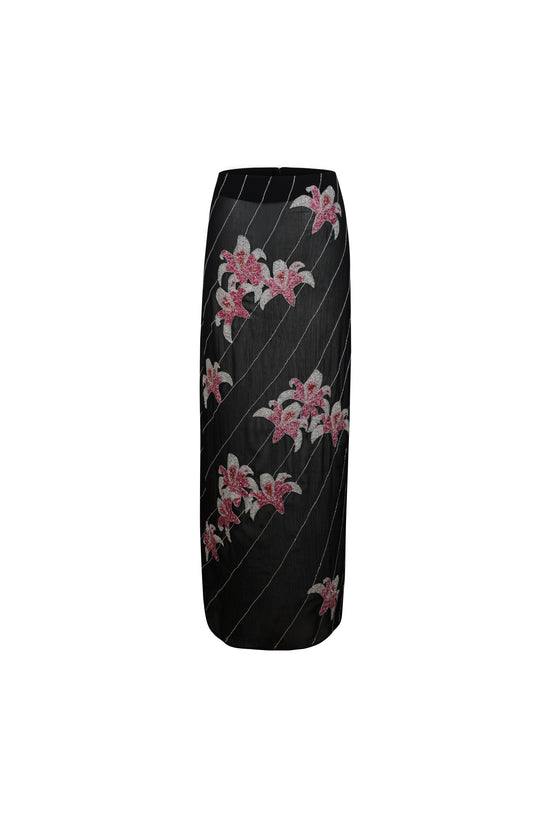 TIA Floral Embellished Georgette Black/Pink Maxi Skirt