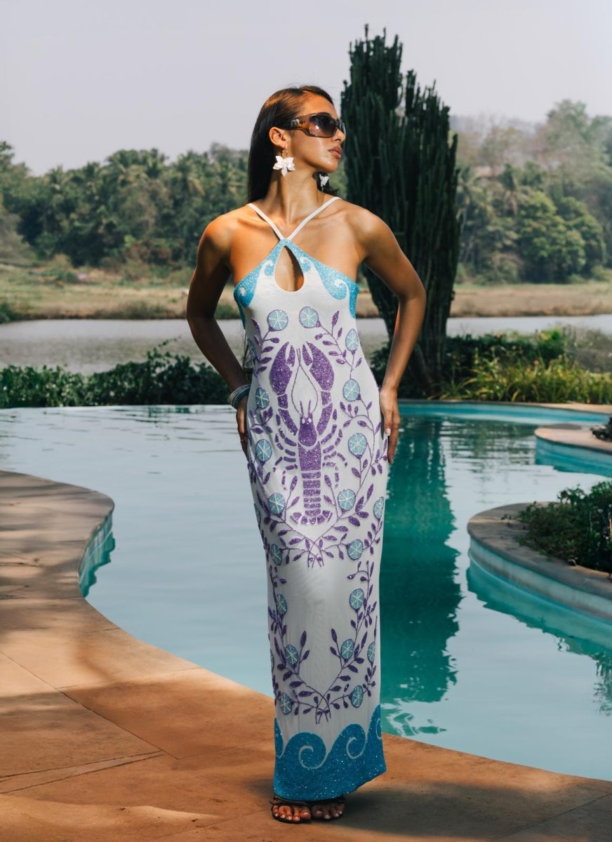 Lobster Hand Beaded Maxi Dress  Blue