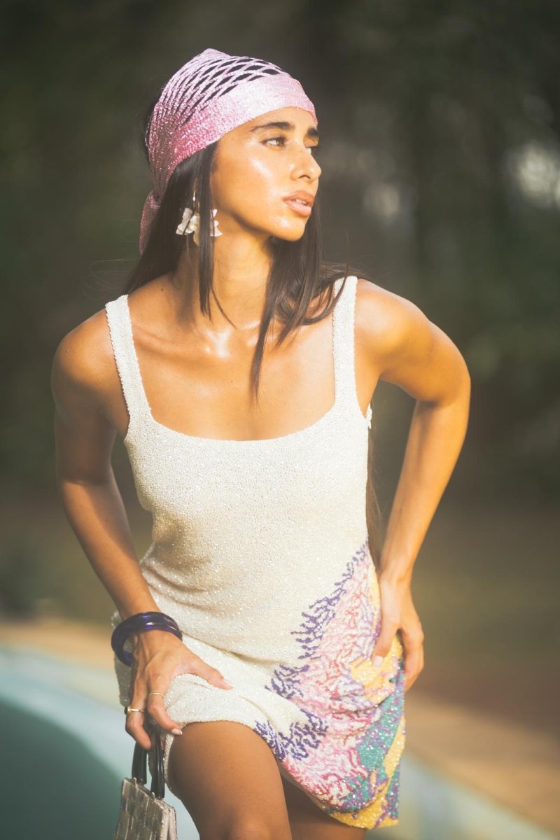 Adeline Coral Hand Beaded Mini Dress White