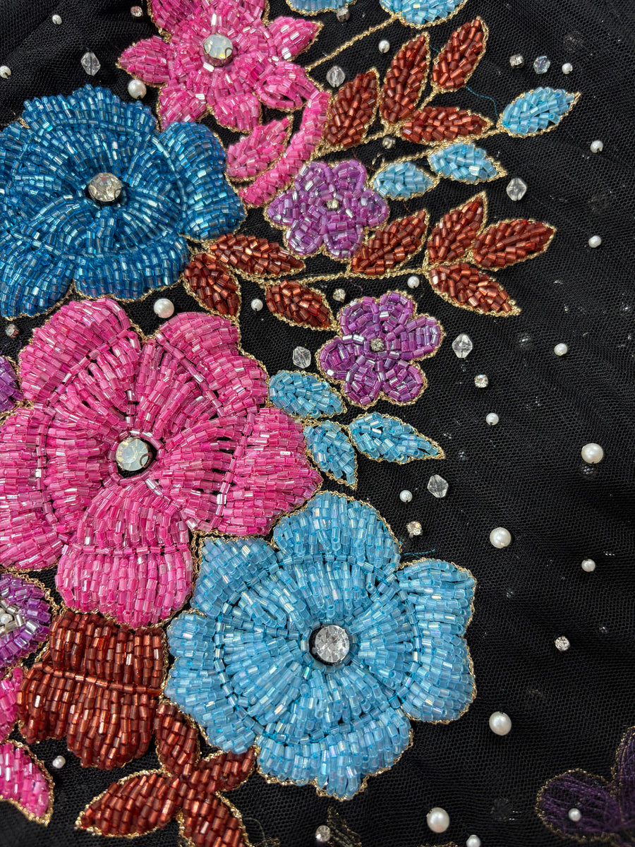 Flower Starfish Tasseled Hand Beaded Black Sheer Mini Dress