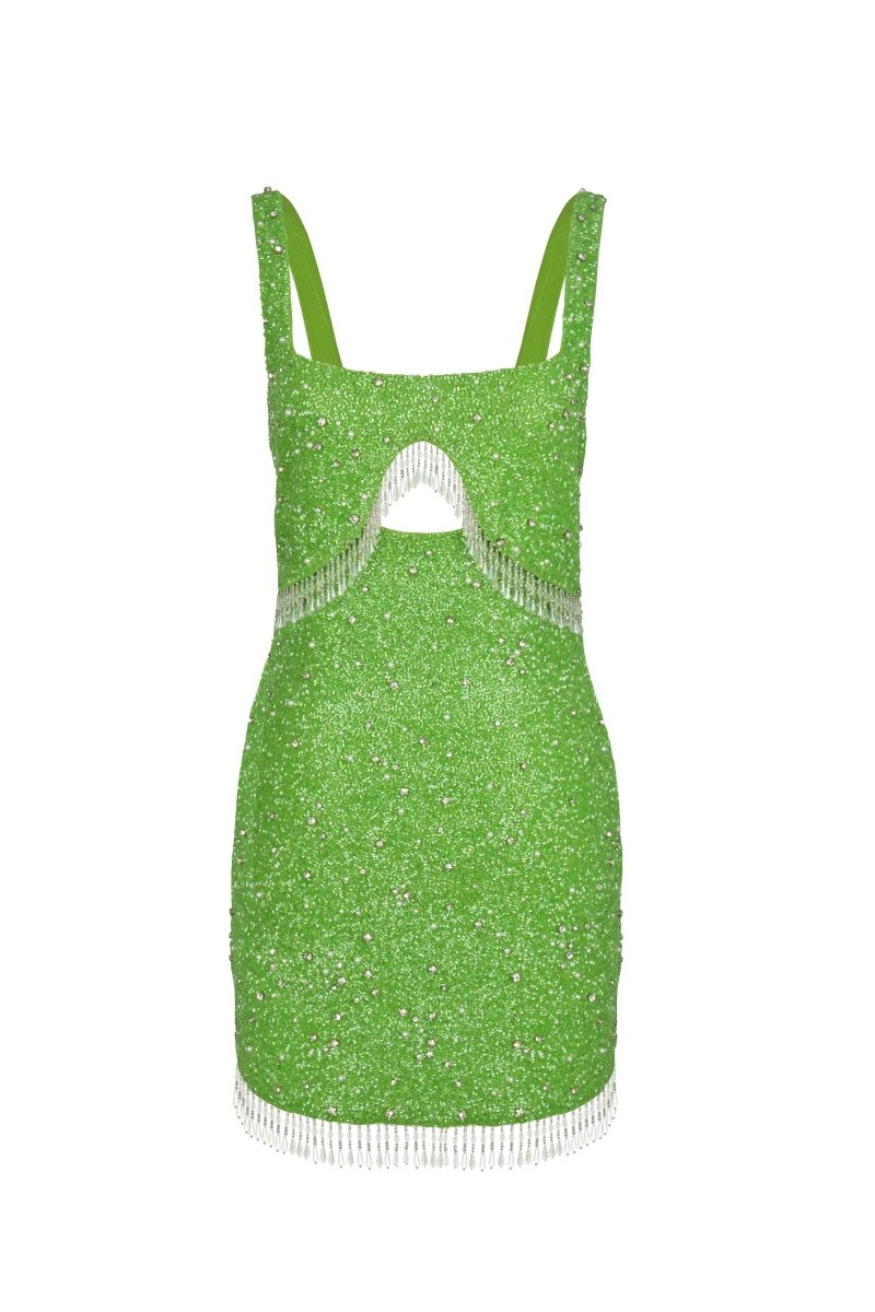 Posy Green Beaded Tasseled Mini Dress M Posy Green Beaded Tasseled Mini Dress M