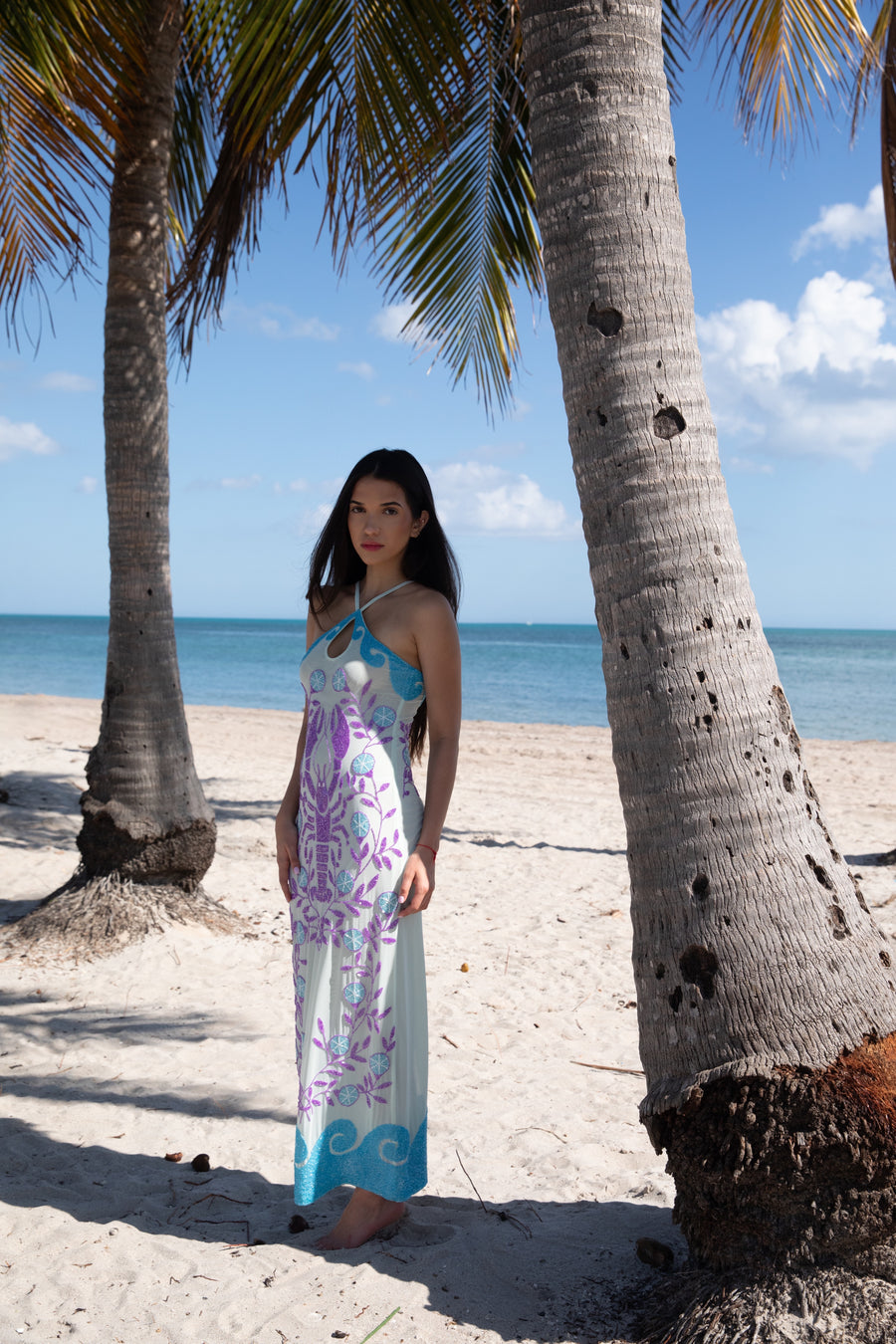 Lobster Hand Beaded Maxi Dress Blue