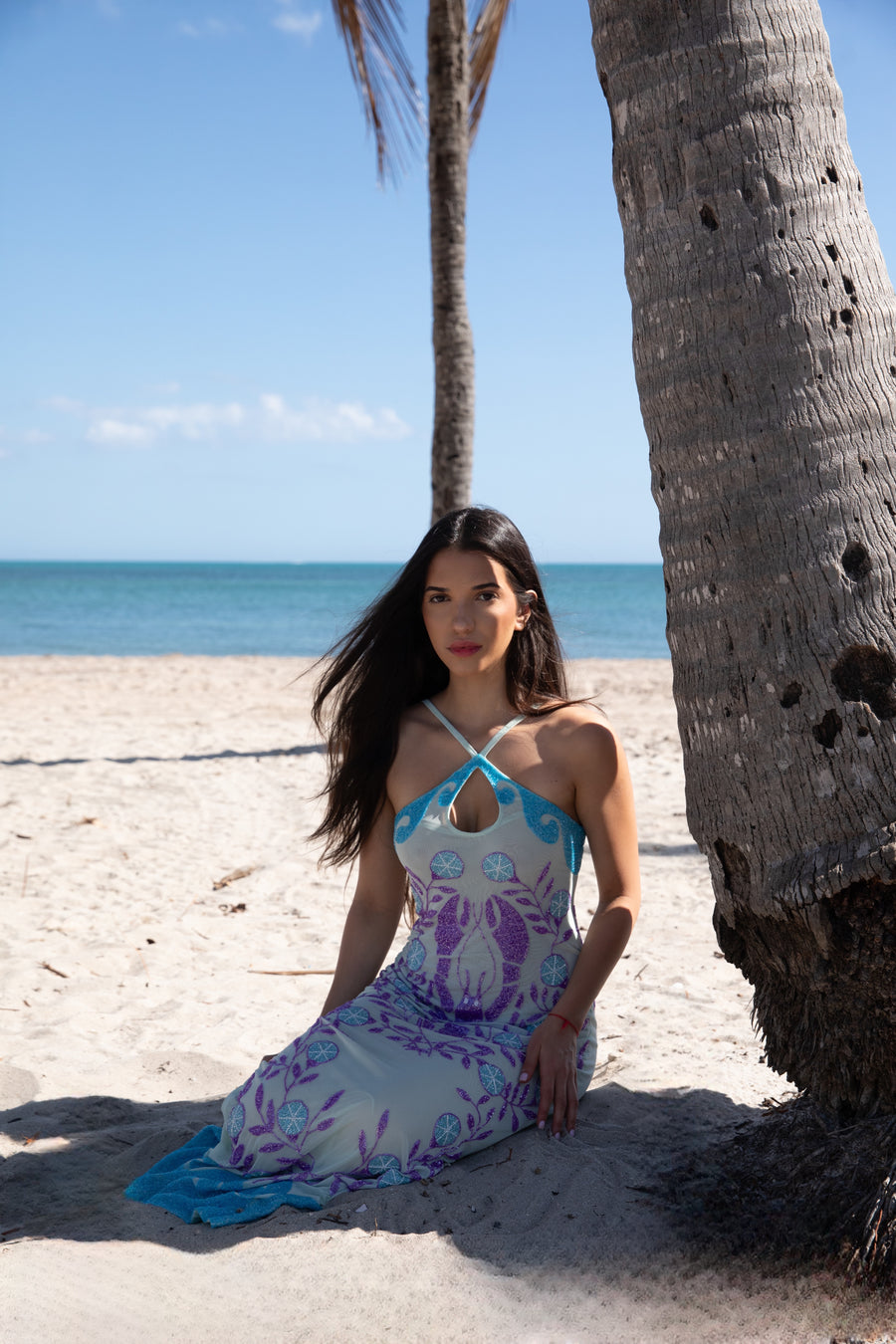 Lobster Hand Beaded Maxi Dress Blue