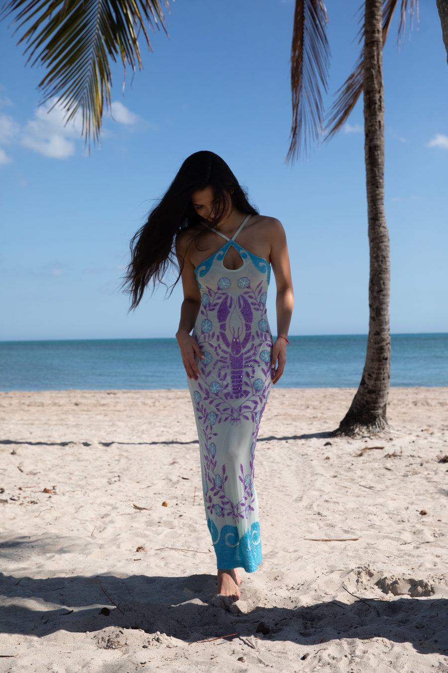 Lobster Hand Beaded Maxi Dress Blue