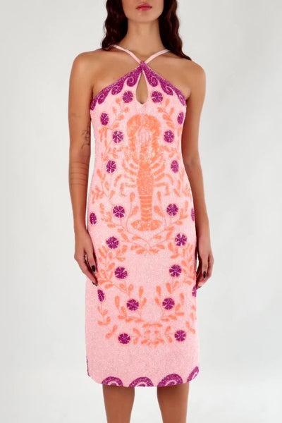 Shop Lobster Pink Hand Beaded Midi Dress - Oceanus Shop Lobster Pink Hand Beaded Midi Dress - Oceanus