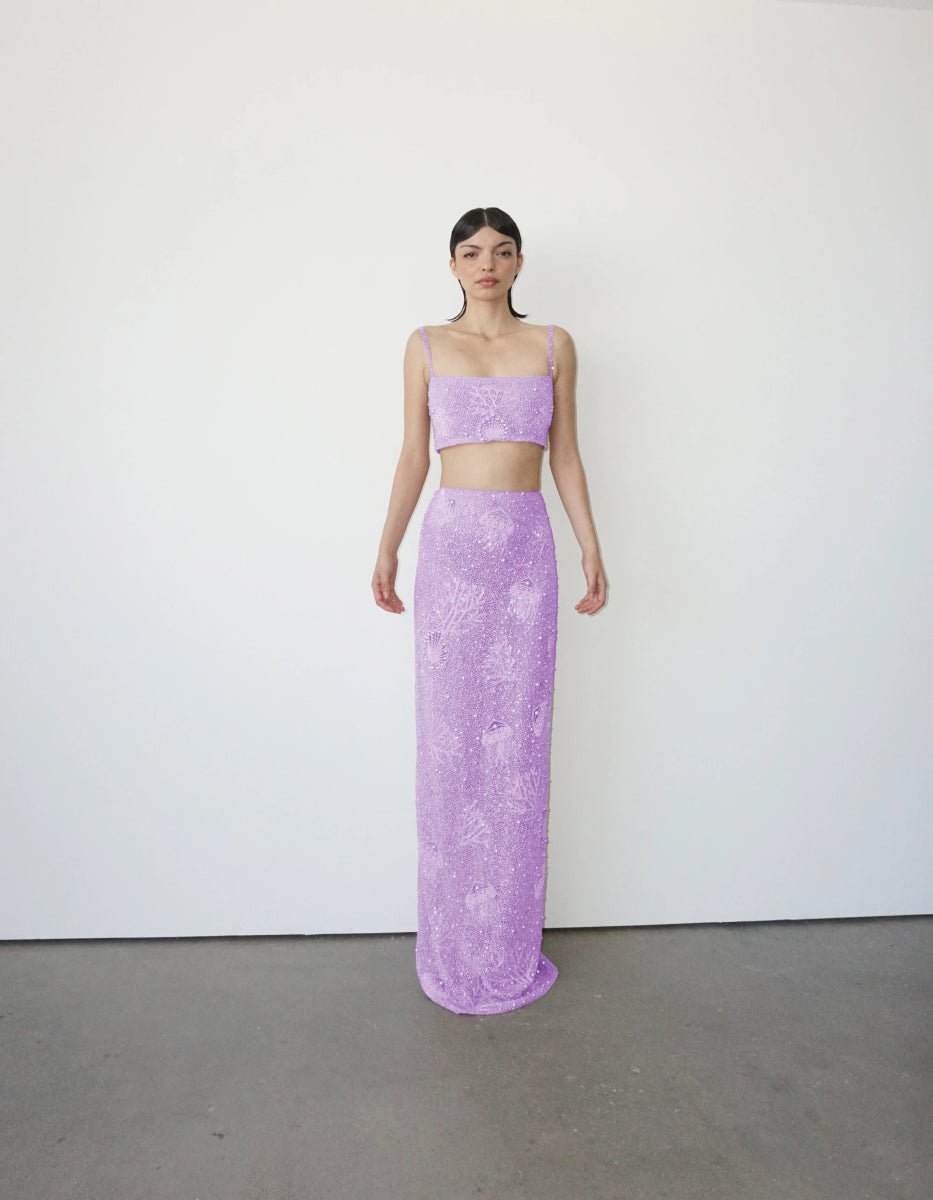 Hazel Beaded Lilac Powermesh Jellyfish Maxi Skirt - Multi Color