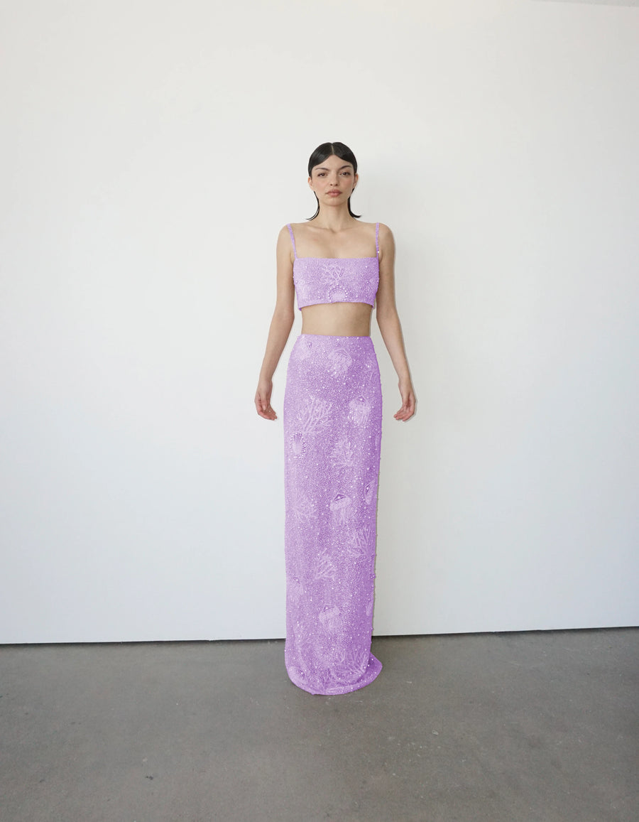 Faith Beaded Powermesh Jellyfish dress in Lilac