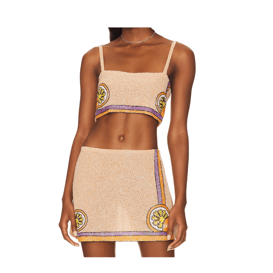 Melodie Co-ord Hand Embroidered Crystal Peach Skirt