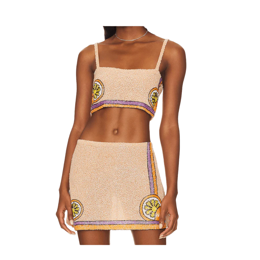 Front view of Melodie Co-ord Hand Embroidered Crystal Skirt Peach