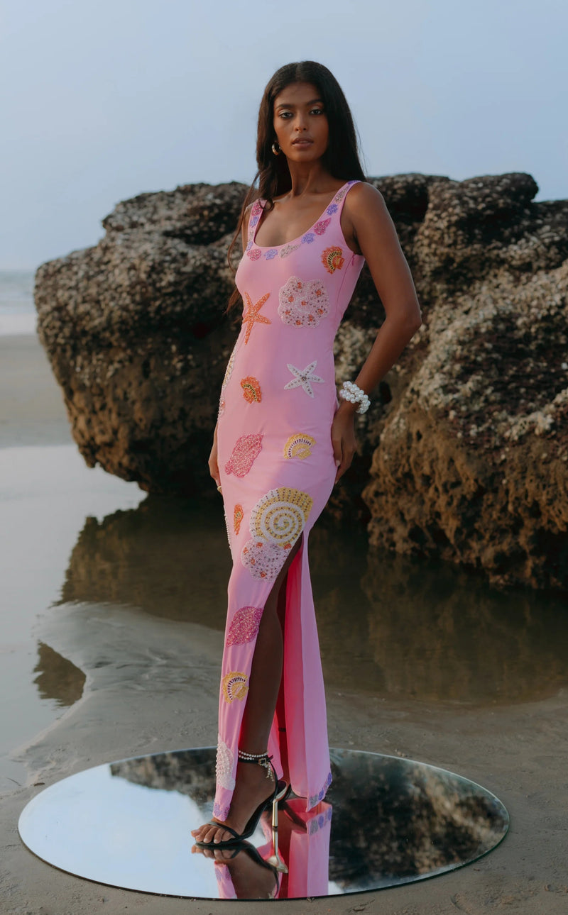 Shop Lobster Pink Hand Beaded Midi Dress - Oceanus Shop Lobster Pink Hand Beaded Midi Dress - Oceanus