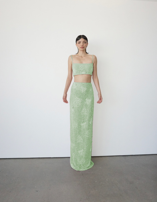 Beaded Powermesh Green Maxi Skirt