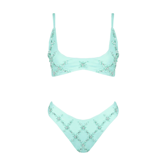 Mary Una Blue with White Beading Bikini Top - Oceanus Swimwear