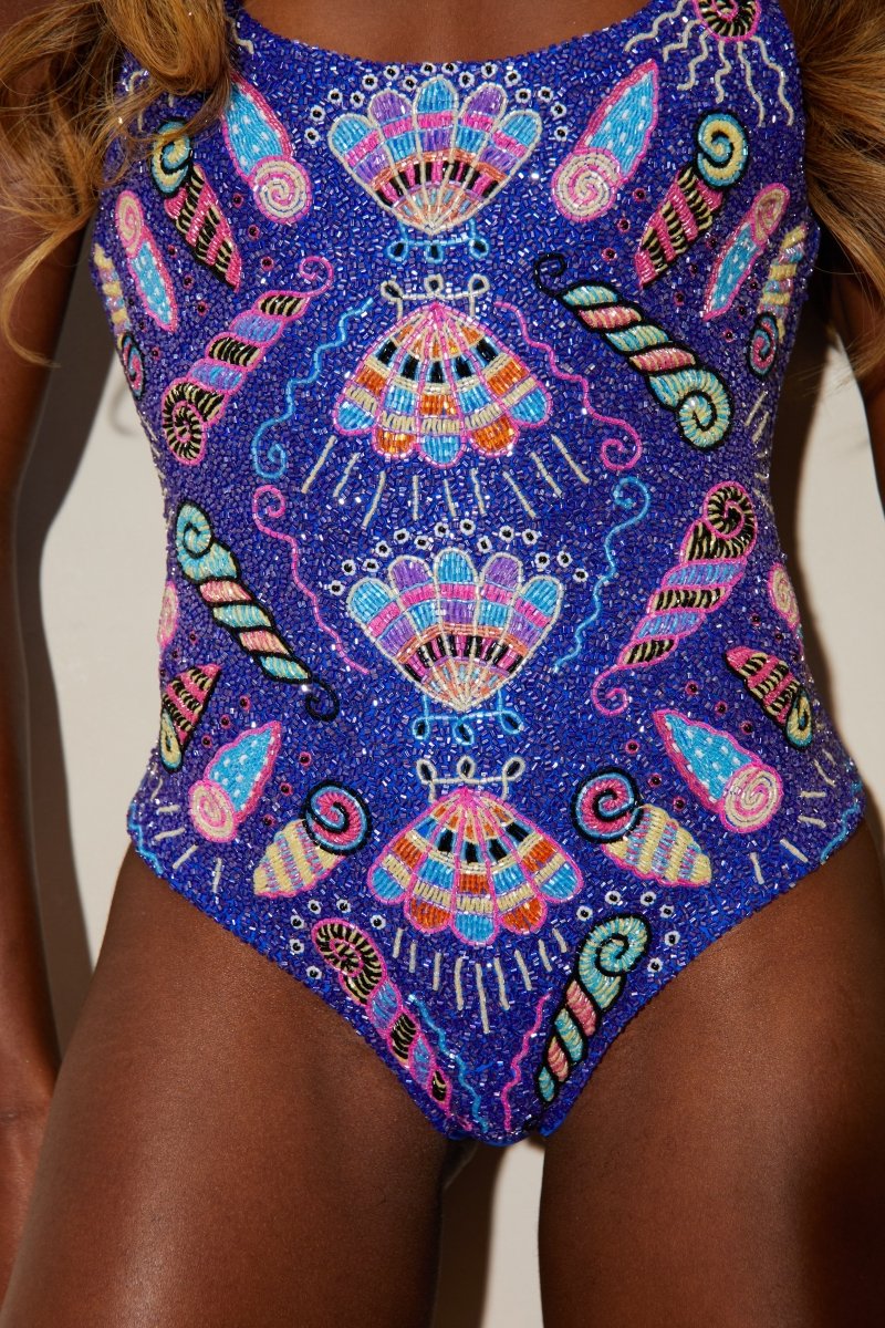 Oceanus x Zandra Rhodes Dream Shell Hand Beaded Swimsuit Purple - Oceanus Swimwear