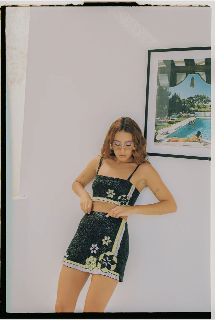 A women standing in Mei Hand Embroidered Summer Co-ord Skirt Black