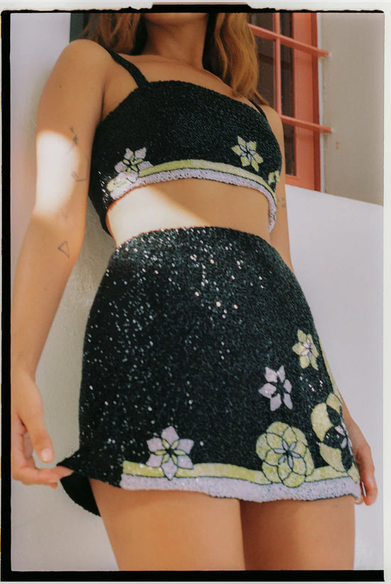 A women wearing Mei Hand Embroidered Summer Co-ord in Black