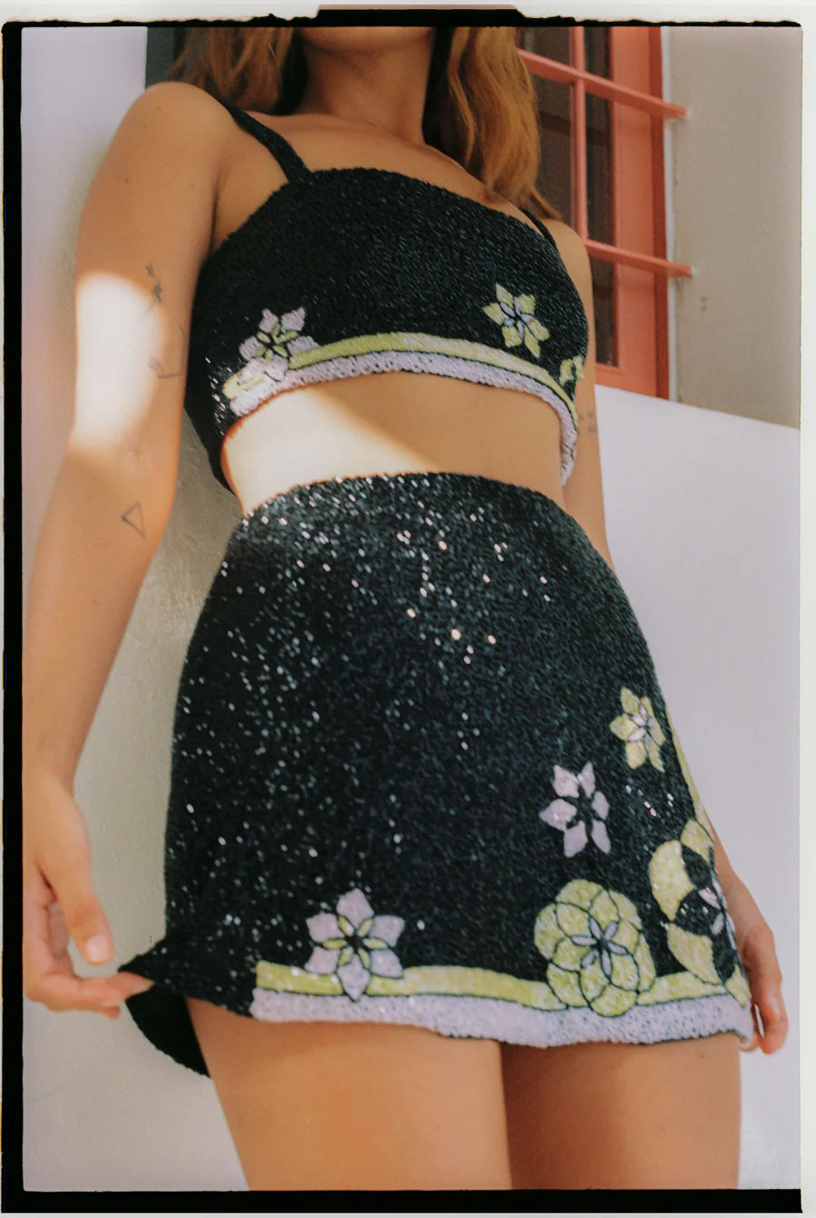 A women wearing Mei Hand Embroidered Summer Co-ord in Black