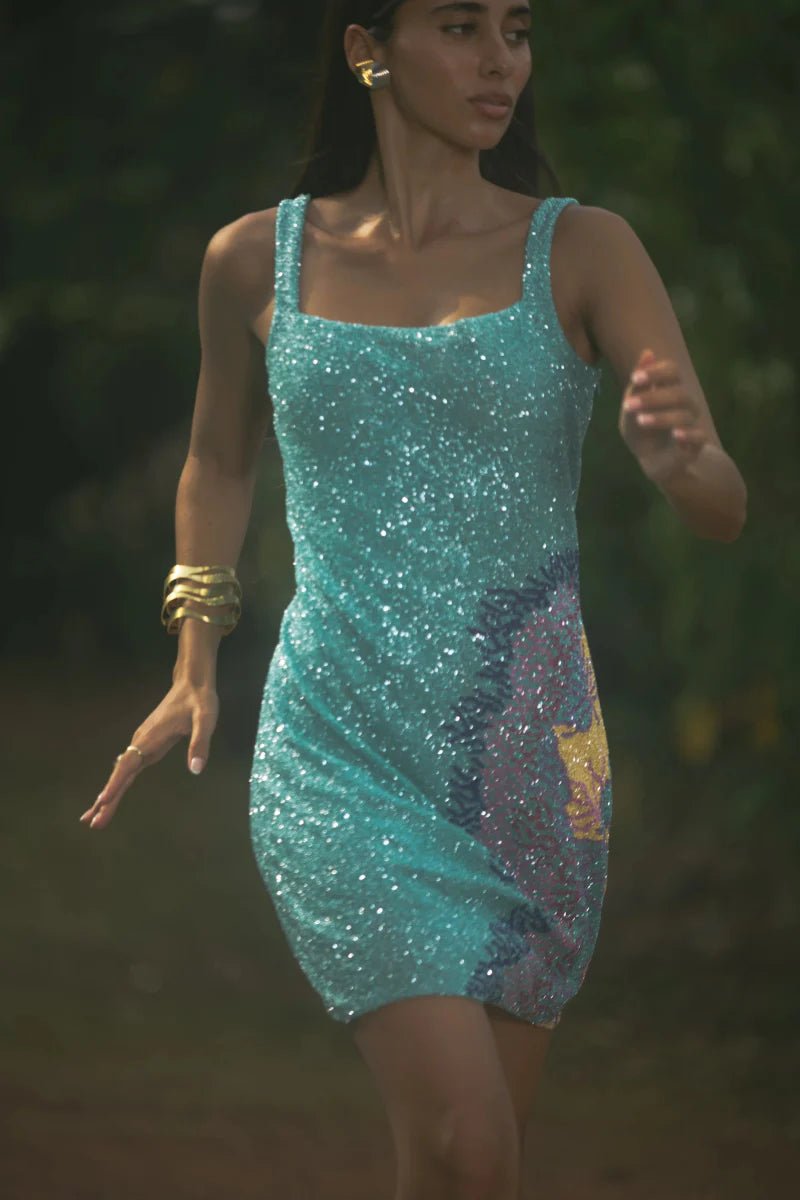 Adeline Coral Hand Beaded Mini Dress Blue - Oceanus Swimwear