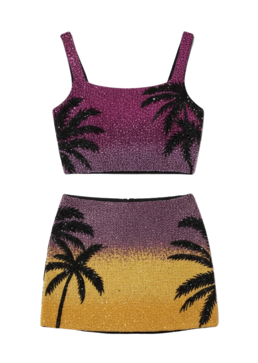 Palm Dusk beaded Mini Skirt black palm tree