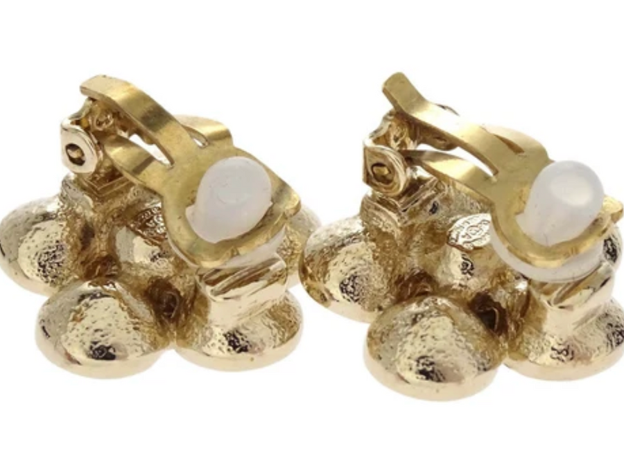 Chanel Flower Clip- On Earrings Gold Rhinestone