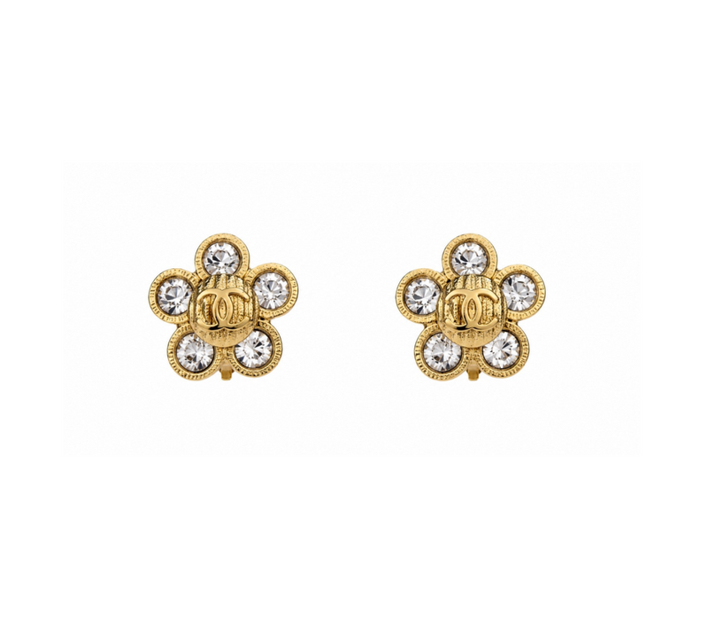 Chanel Flower Clip- On Earrings Gold Rhinestone