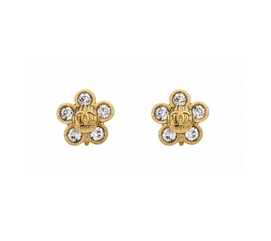 Chanel Flower Clip- On Earrings Gold Rhinestone